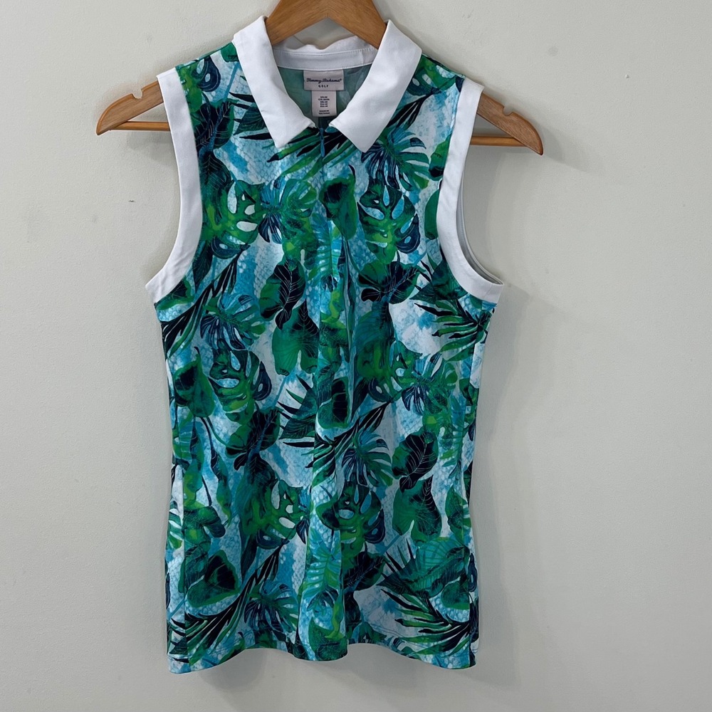 Tommy Bahama Golf Women's Medium Sleeveless Tropical Monstera Print Zip Polo Top